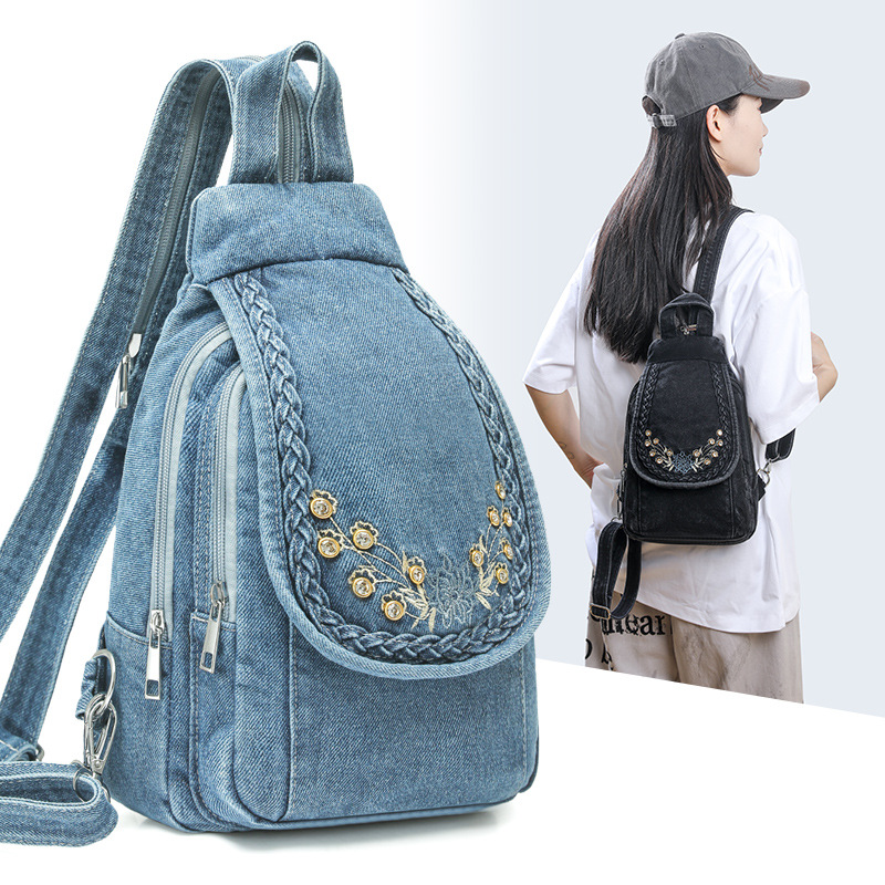Women Bags Jeans - ファッション女性デニムバックパック刺繍小さな旅行バッグ女性ラインストーンデニムバッグパックレディースチェストバッグ