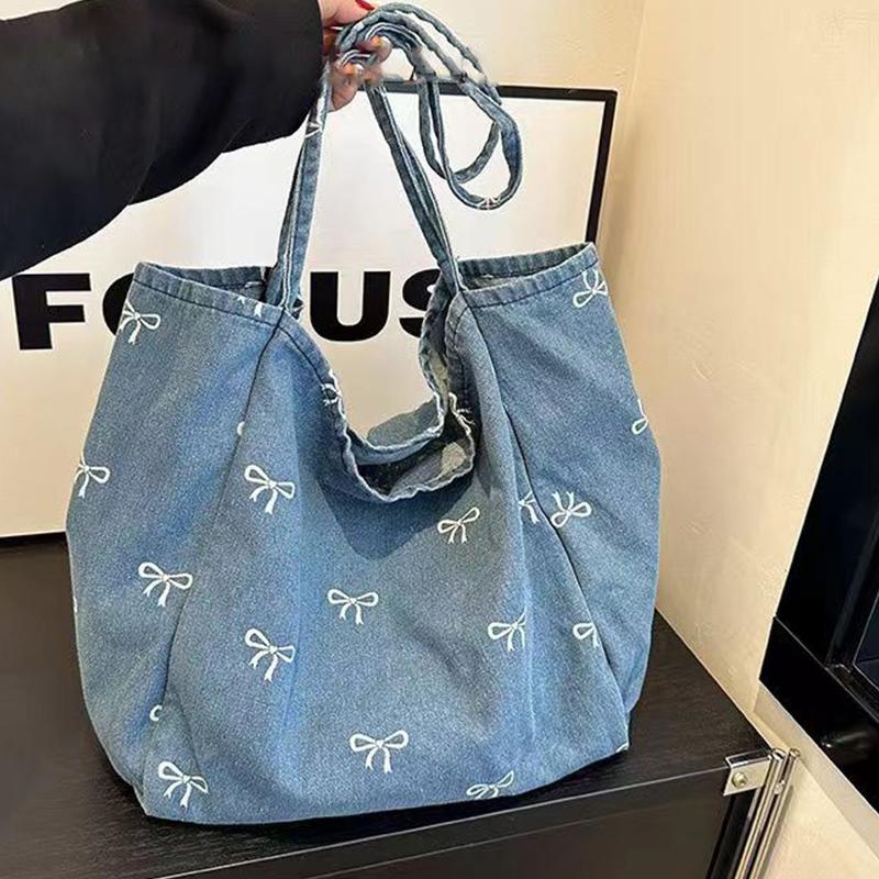 Women Bags Jeans - レディース ボウデコレーション デニムキャンバストートバッグ 大容量 シングルショルダー デイリーバッグ
