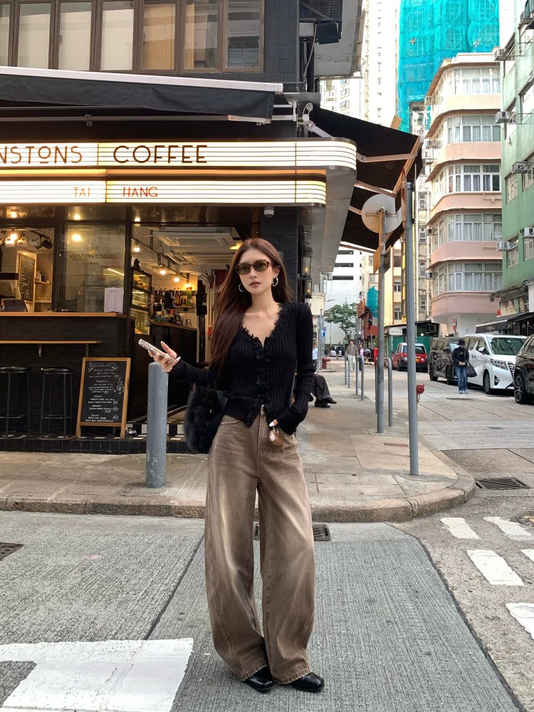 Women Bags Jeans - 【FANGTING】女性用春物ヴィンテージカジュアルジーンズユニークなウエストバッグデザインルーズワイドレッグカーブドロングパンツ