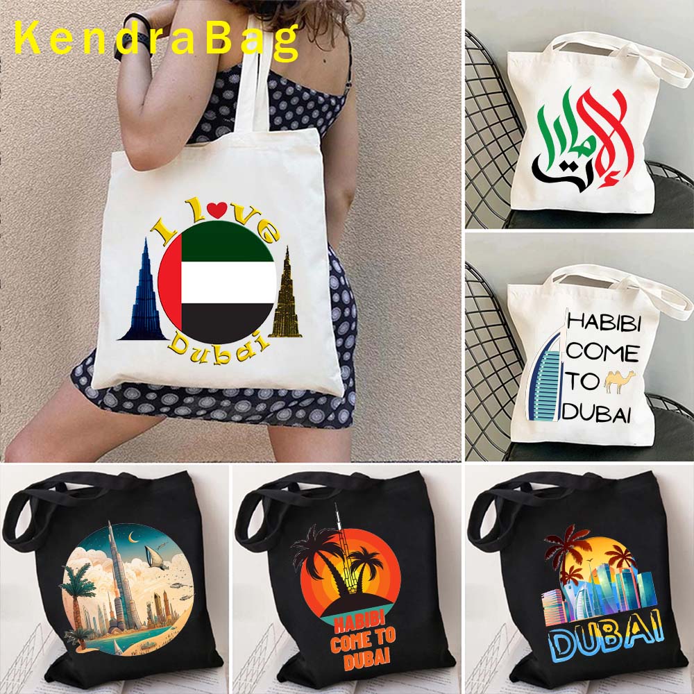Women Bags Dubai - 愛国心あふれるアラブ首長国連邦のエンブレム、ドバイプリント、UAEの街並み、ヤシの木、水彩画、高層ビル、ブルジュ・ハリファ、ビーチ、海、トートバッグ、ハンドバッグ
