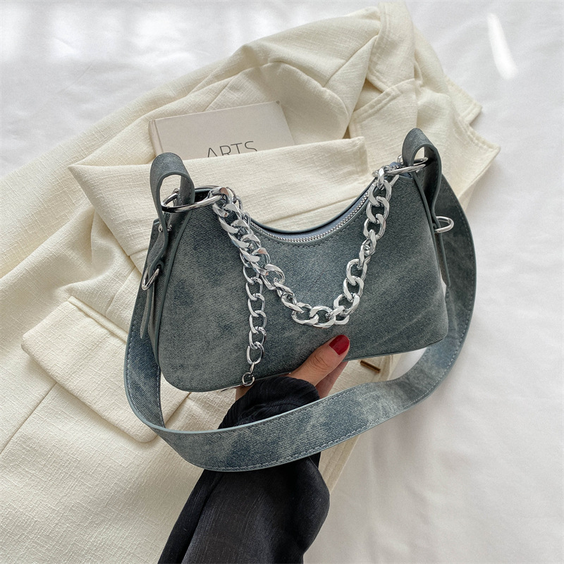 Women'S Kipling Bags - デニムハンドヘルドスモールバッグ 女性用 2026年新作 シンプルでカジュアルな三日月型バッグ チェーンリンク付きアンダーアームバッグ 女性用バッグ