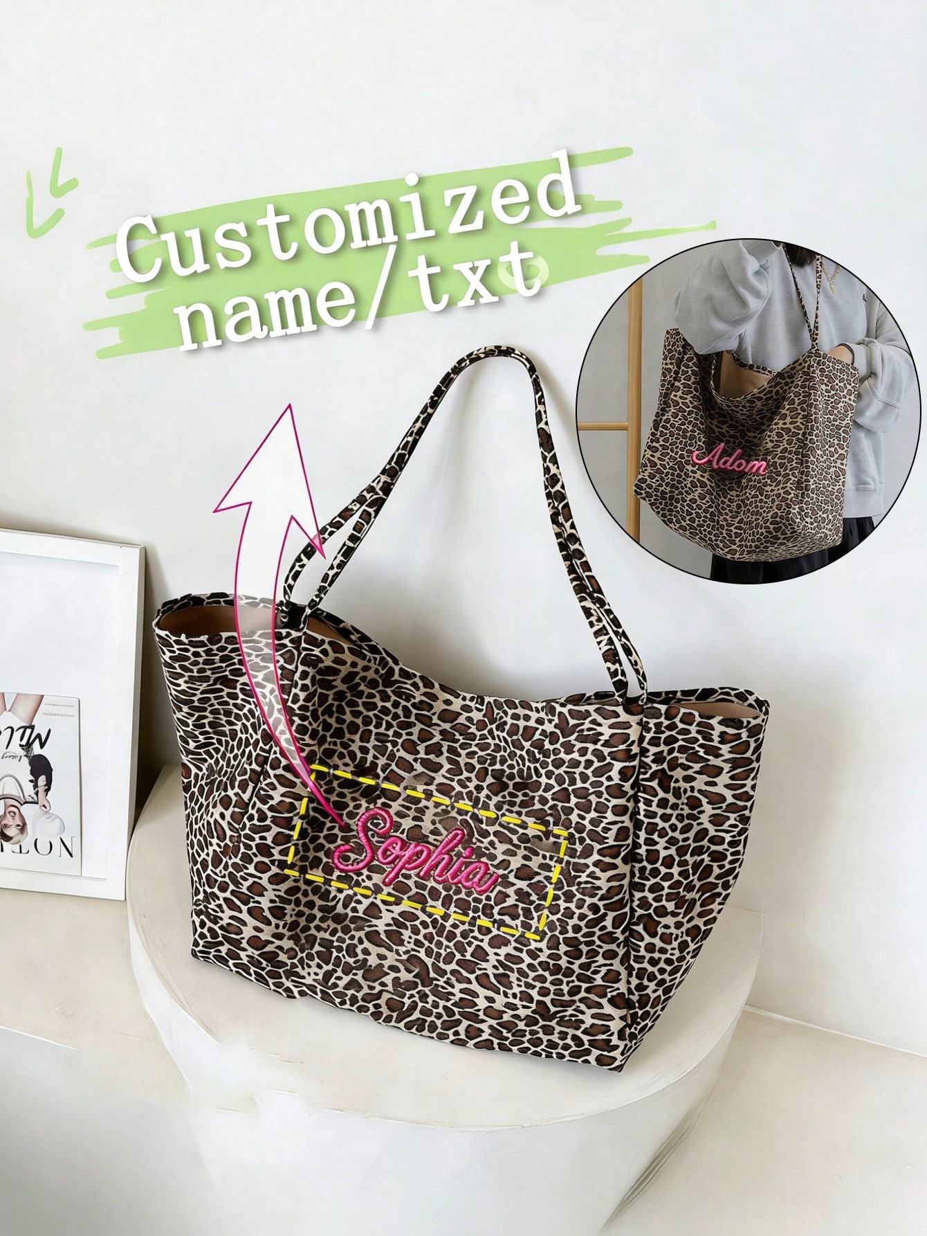 Women Bags Name - カスタム名ヒョウ柄トートバッグ女性大容量ショルダーバッグカジュアルショッピングハンドバッグパーソナライズ刺繍ギフト彼女