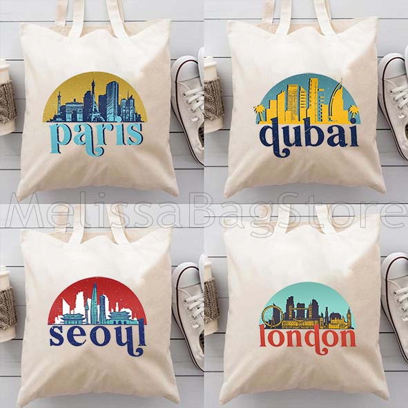 Women Bags Dubai - ロンドン、ドバイ、パリ、ニューヨーク、スカイライン、都市景観、アート、女性、キャンバス、ショルダー、トートバッグ、原宿、ハンドバッグ、ショッパー、再利用可能なショッピングバッグ