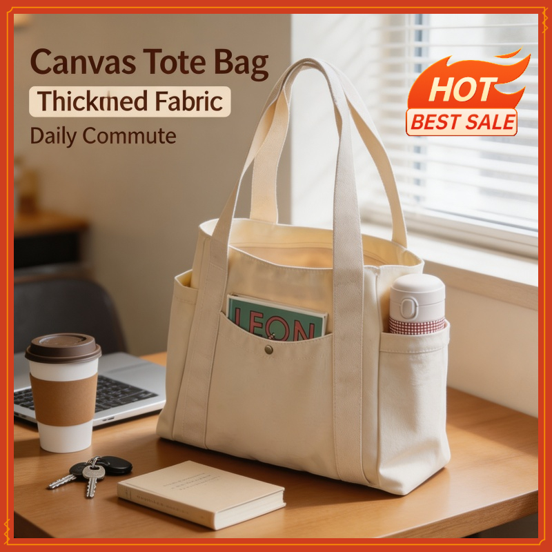 Shopper Tote Canvas - 大容量キャンバストートバッグ 通勤用 キャリーバッグ カレッジスタイル 学生用ブックショルダーバッグ ショッピングバッグ