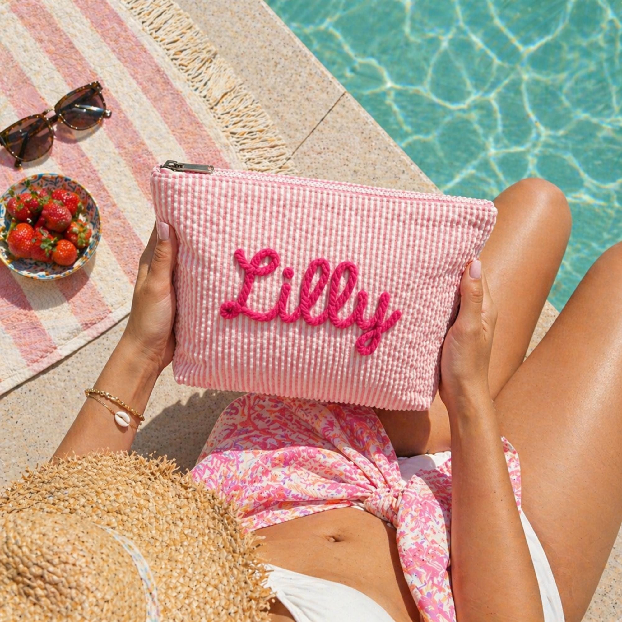 カスタムプレッピーシアサッカーメイクアップバッグ、カスタムブ - Women Bags Name のレビューと価格