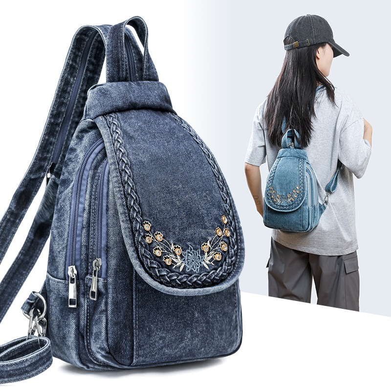 ファッション女性デニムバックパック刺繍小さな旅行バッグ女性ラ - Women Bags Jeans のレビューと価格