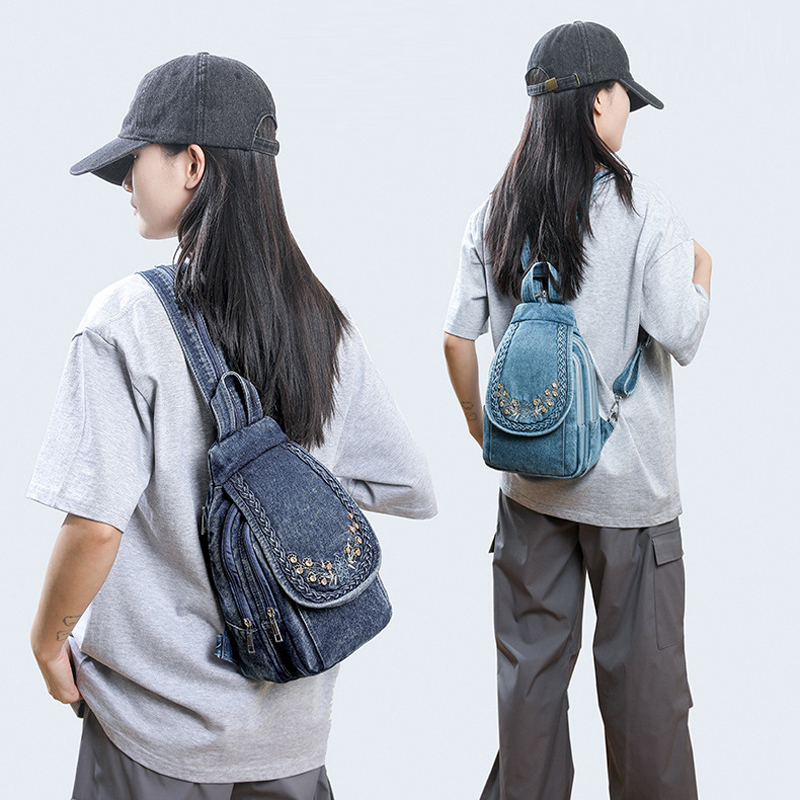ファッション女性デニムバックパック刺繍小さな旅行バッグ女性ラ - Women Bags Jeans のレビューと価格
