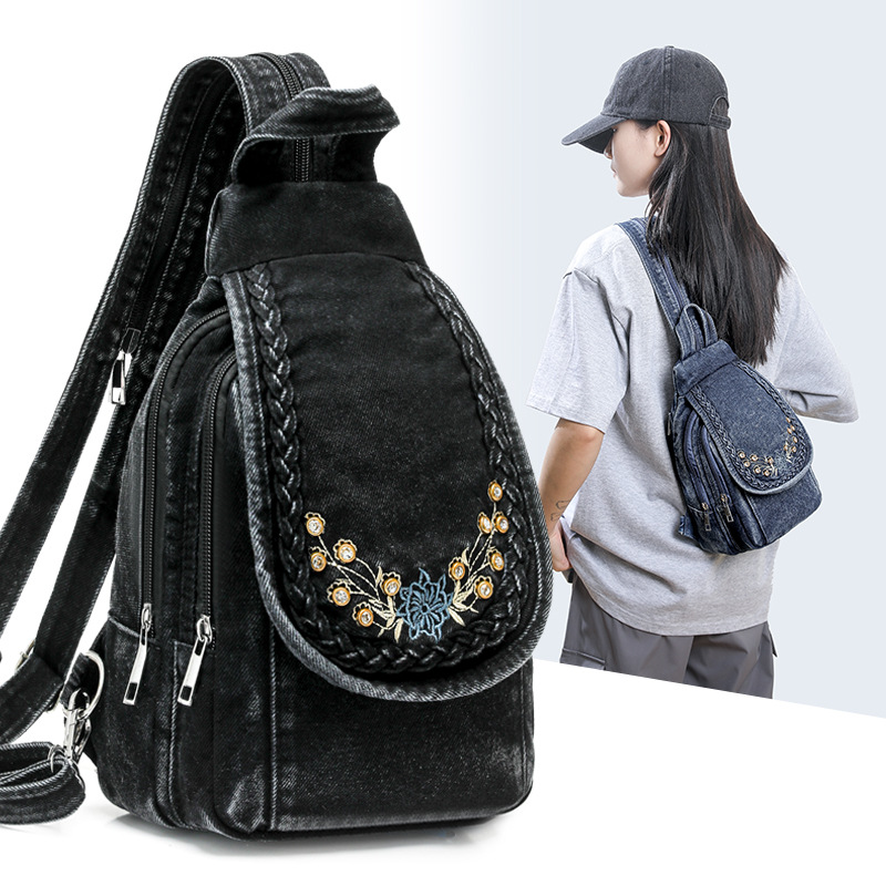 ファッション女性デニムバックパック刺繍小さな旅行バッグ女性ラ - Women Bags Jeans のレビューと価格