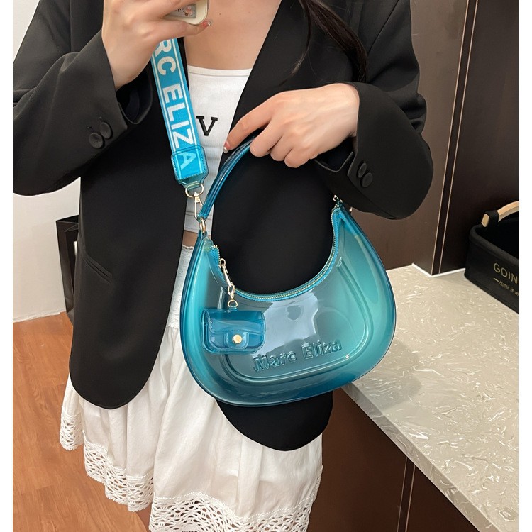 女性多用途シングルショルダーバッグ大人女の子三日月バッグ透明 - Half Moon Crescent のレビューと価格