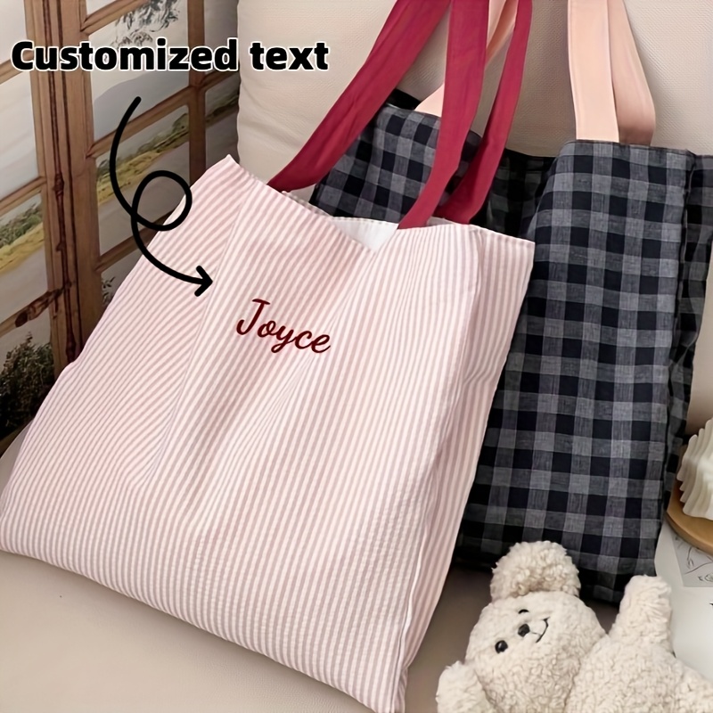 カスタム名刺繍トートバッグ女性ストライプチェック柄キャンバス - Women Bags Name のレビューと価格