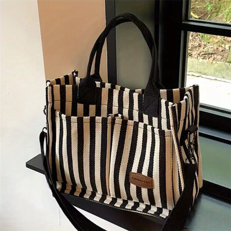 女性用ストライプキャンバスクロスオーバーバッグ,大容量ハンド - Shopper Tote Canvas のレビューと価格
