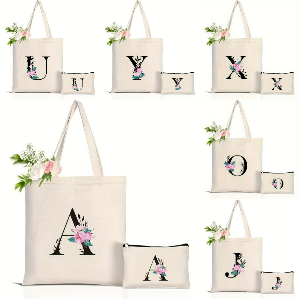 エレガントな花柄アルファベットトートバッグ 再利用可能な環境 - Shopper Tote Canvas のレビューと価格