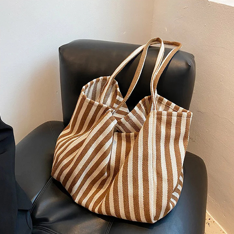 大容量キャンバスバッグ女性のファッションストライプショルダー - Shopper Tote Canvas のレビューと価格