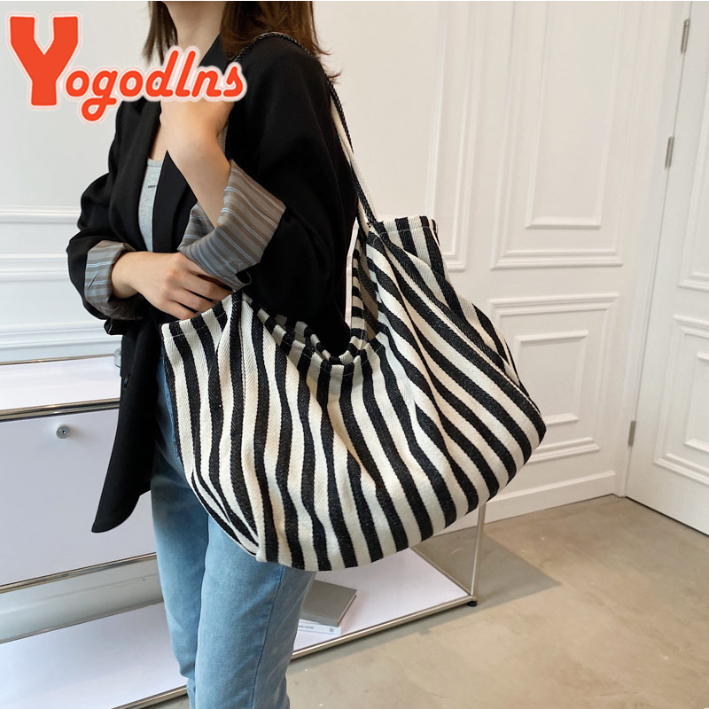 大容量キャンバスバッグ女性のファッションストライプショルダー - Shopper Tote Canvas のレビューと価格