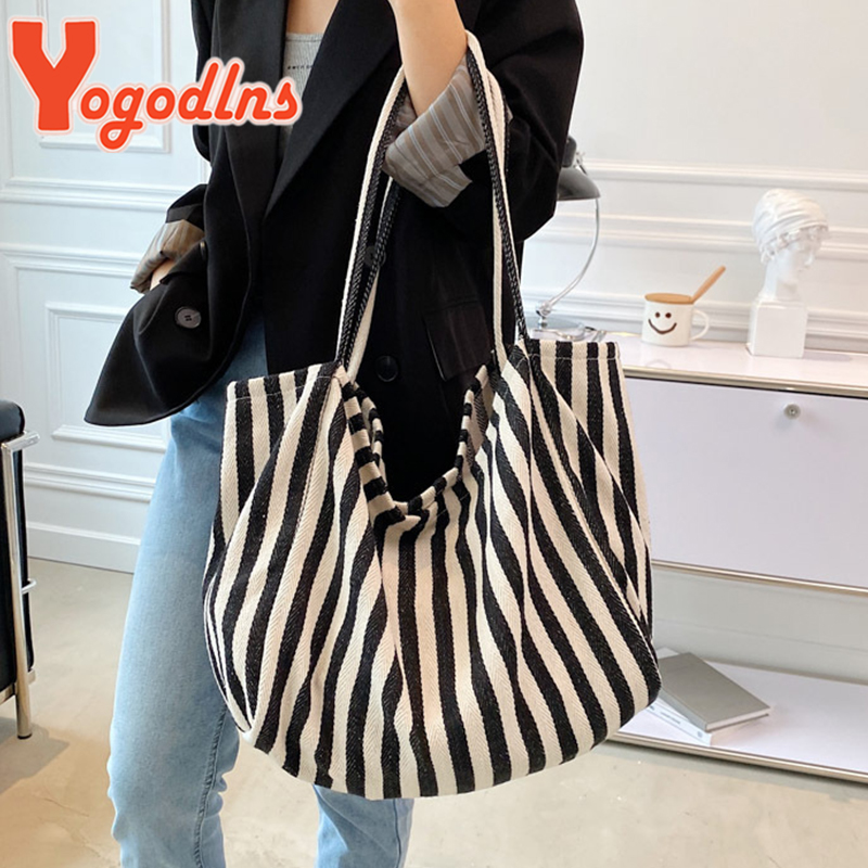大容量キャンバスバッグ女性のファッションストライプショルダー - Shopper Tote Canvas のレビューと価格